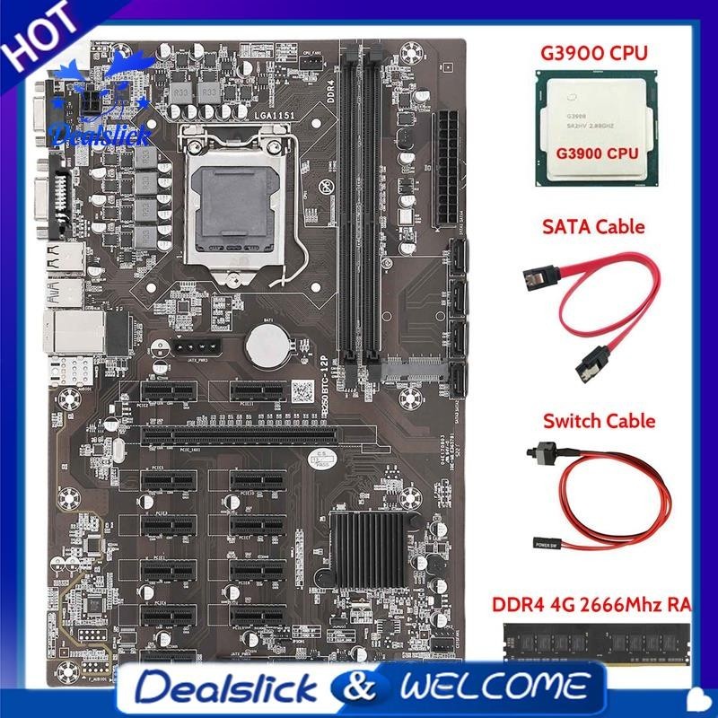 【Dealslick】เมนบอร์ดขุดเหมือง B250 BTC 12 PCIE16X กราฟการ์ด LGA1151 พร้อม G3900 CPU+DDR4 4G 2666Mhz RAM+SATA สายเคเบิล และสวิตช์