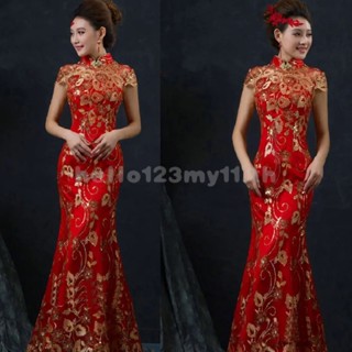 ชุดเดรสกี่เพ้า แขนสั้น สีแดง สไตล์จีนดั้งเดิม เหมาะกับฤดูร้อ…