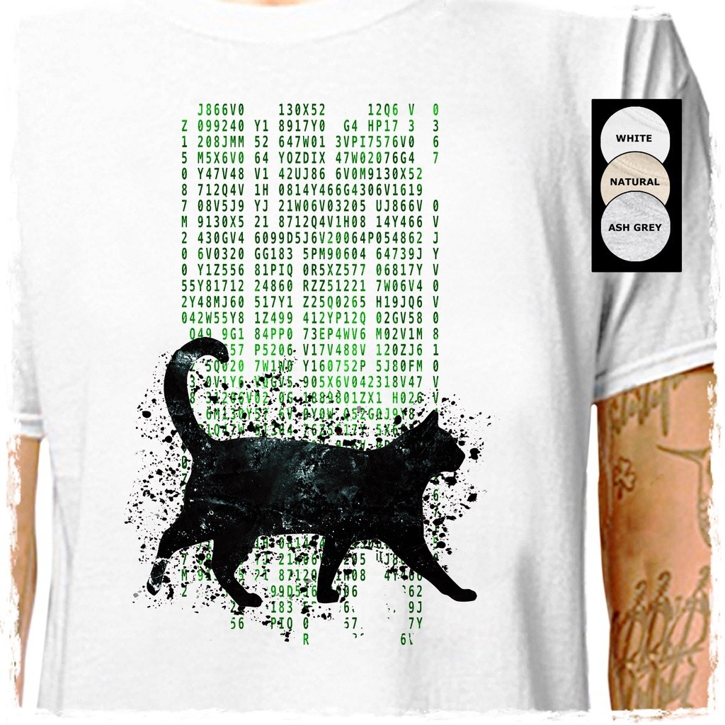 【NEW】 printเสื้อยืดแฟชั่นพิมพ์ลาย¤⊕The Matrix - Black Cat .. ผ้าฝ้าย | Cult Sci-Fi Movie Keanu Reloa