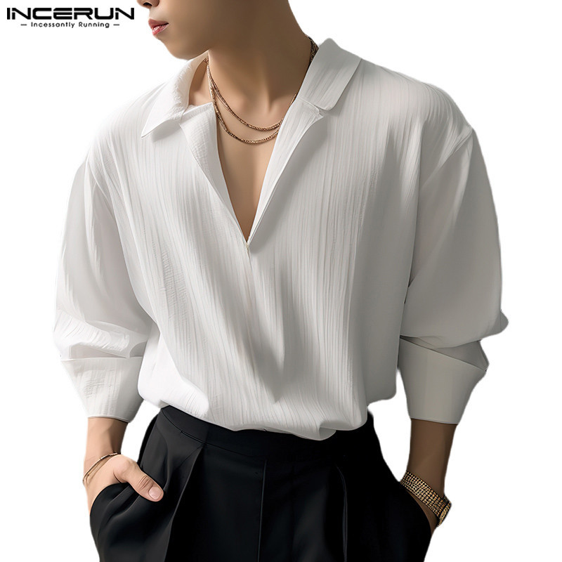 Incerun เสื้อเชิ้ตแขนยาว คอวี สีพื้น สไตล์เกาหลี มินิมอล สําหรับผู้ชาย