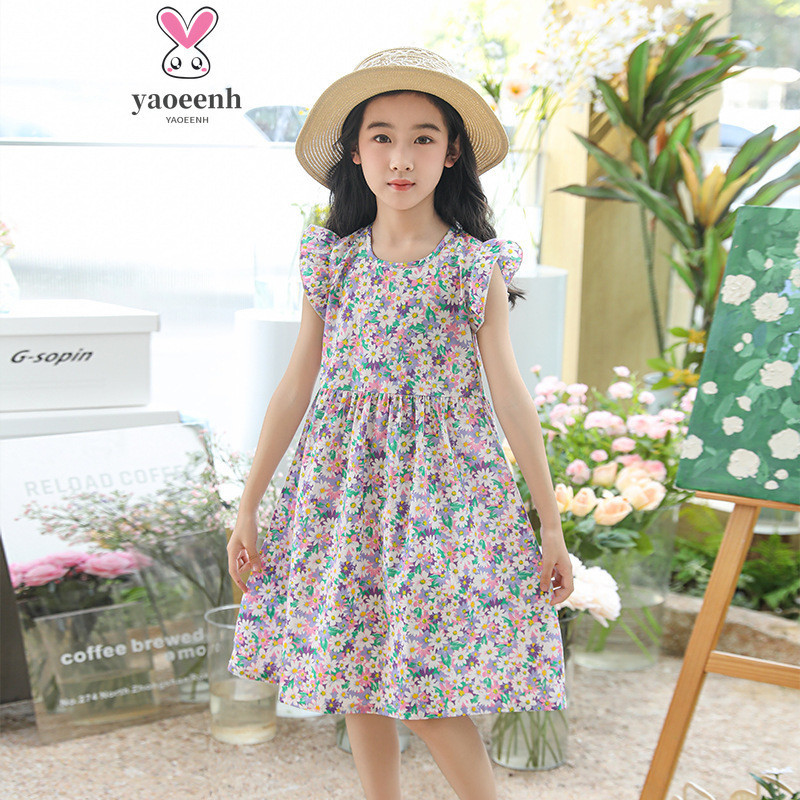 【YAOEENH】พร้อมส่ง ชุดเดรสกระโปรง ทรงเอ แขนระบาย ลายดอกไม้ สไตล์เจ้าหญิงย้อนยุค สําหรับเด็กผู้หญิง 100-170 ซม.