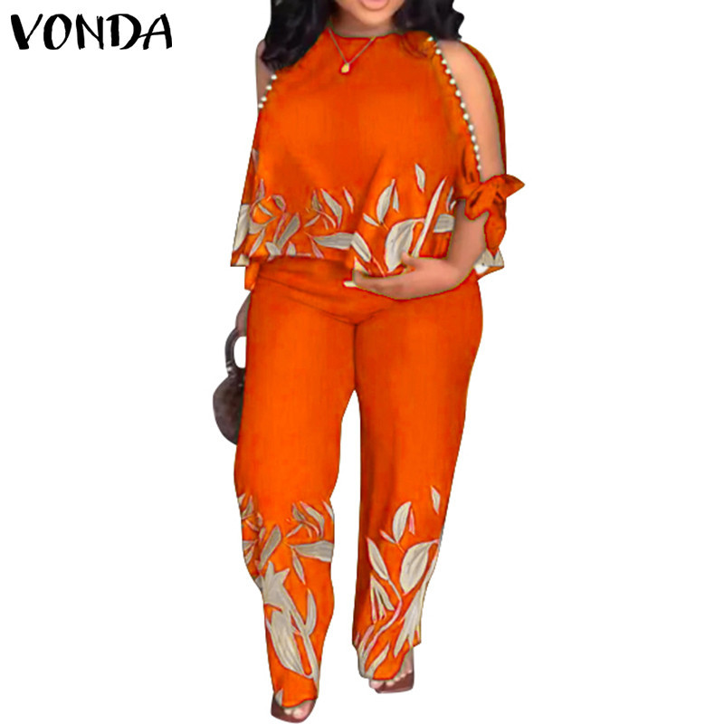 Vonda เสื้อคอกลม พิมพ์ลายลูกปัด สไตล์วินเทจ และกางเกง สําหรับผู้หญิง