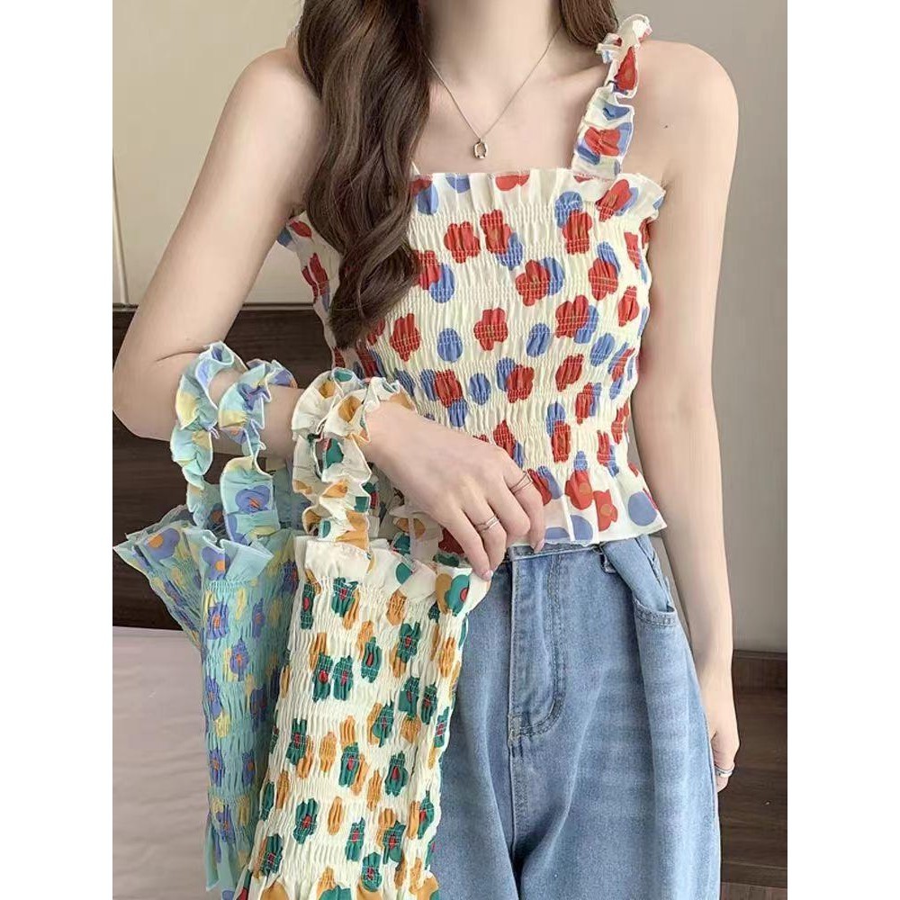 เสื้อกล้ามครอป ผ้าอัดพลีท ลายดอกไม้ น่ารัก ยืดได้เยอะ มี3สี พร้อมส่ง #11116