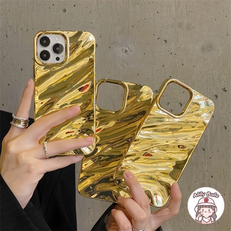 เคสโทรศัพท์มือถือ TPU นิ่ม ปิดด้านหลัง กันกระแทก ลายระลอกน้ํา 3D สีทอง แวววาว สําหรับ IPhone 15 Pro Max 11 14 13 12 11 Pro Max