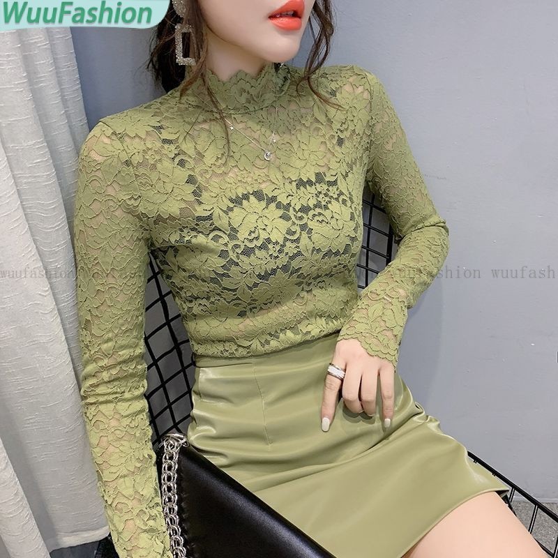 【W&F Fashion】เสื้อลูกไม้แขนยาวคอเต่าครึ่งตัว เสื้อผู้หญิงฤดูใบไม้ร่วงและฤดูหนาว สไตล์เซ็กซี่แฟชั่น ใส่ได้หลายโอกาส ลุคสวยหรูแบบผู้หญิงมั่นใจ