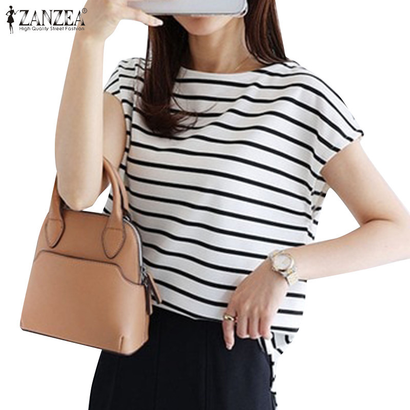 Zanzea เสื้อยืดแขนสั้น คอปาด พิมพ์ลายทาง สไตล์เกาหลี สําหรับผู้หญิง