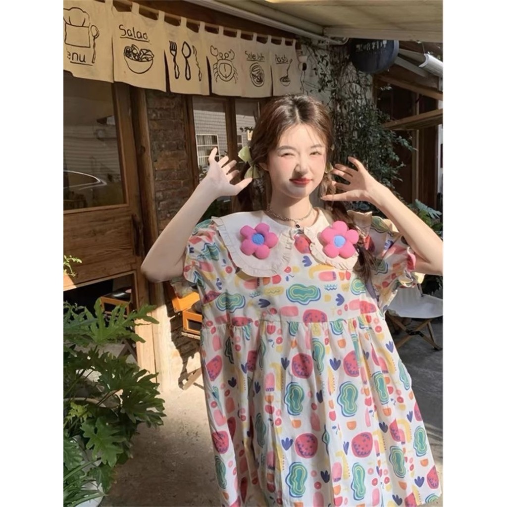 สไตล์เกาหลีน่ารักหวานลดอายุชุดหลวมปกท้องฤดูร้อนสไตล์ใหม่สามมิติดอกไม้ขนาดเล็กตุ๊กตากระโปรงหญิงมิงค์ม้าด้านนอก จ4