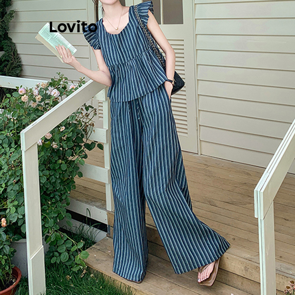 Lovito ฤดูร้อนสบายๆ/ฤดูใบไม้ผลิกางเกงชุดลายนัวเนียเหมลูกไม้ขึ้นท็อปส์หรือกางเกงสําหรับผู้หญิง L177AD716 ราคา ถูกที่สุด ดีลบีเคเค แกลเลอรีภาพที่ 2
