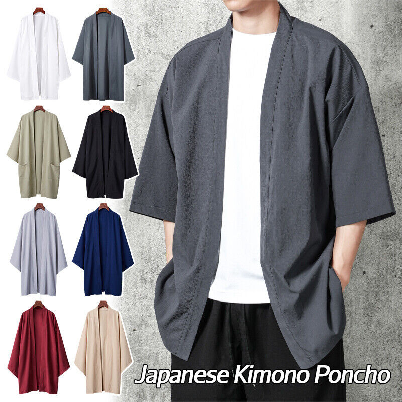 สีทึบญี่ปุ่นยาวชุดกิโมโนเสื้อปอนโชลําลองหลวมยูกาตะเสื้อแจ็คเก็ตผู้ชาย