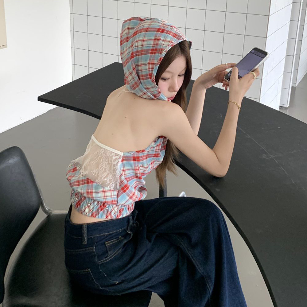 Contrast สีลายสก๊อตสั้น Hooded เสื้อฤดูใบไม้ผลิฤดูร้อนสไตล์ใหม่สาวร้อนสไตล์เซ็กซี่ Slim-fit Niche Chic Backless Top ราคา ถูกที่สุด ดีลบีเคเค แกลเลอรีภาพที่ 5