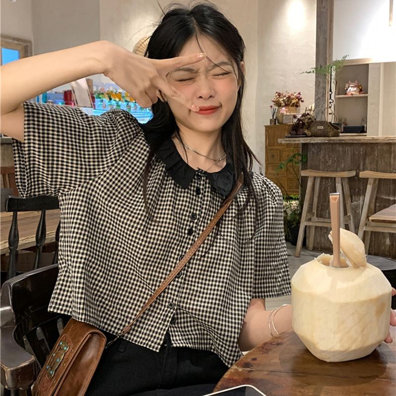 🌈🌈vicky~ตาหมากรุก แขนสั้น เสื้อเชิ้ต แฟชั่น สไตล์ใหม่