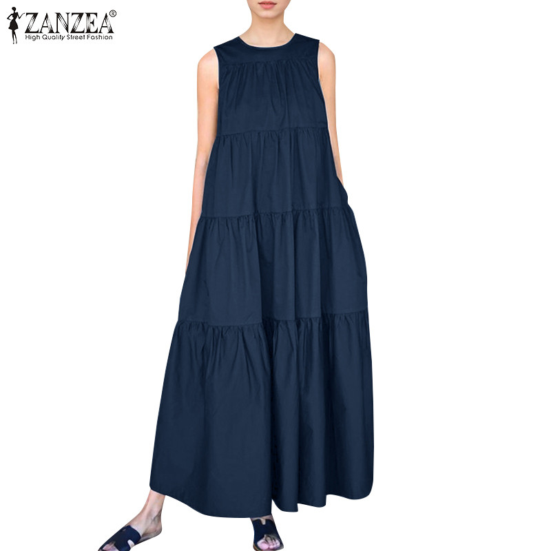 ZANZEA ซานเซีย ชุดเดรสแขนกุดทรงหลวมคอกลมลําลองแนววินเทจสําหรับผู้หญิง