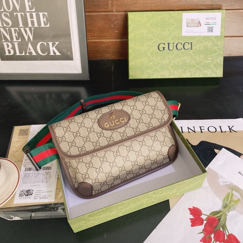 Gucci กระเป๋าคาดเอวแฟชั่น อเนกประสงค์ 2024 กระเป๋าคาดอก แบบแขวน ใหม่ กระเป๋าสะพายไหล่ ลายหัวเสือ สไตล์เรโทร