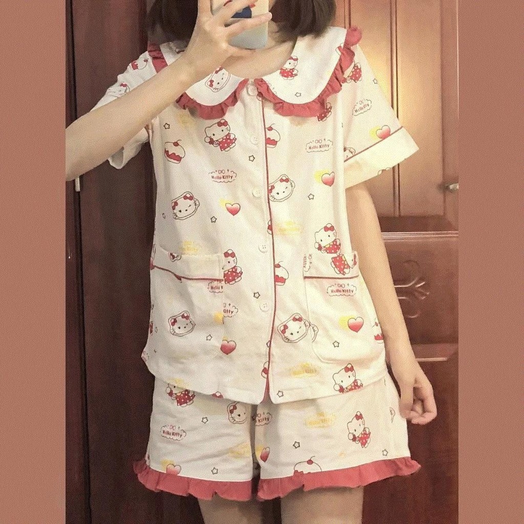 Fds ชุดนอน คอตุ๊กตา ลายเฮลโลคิตตี้น่ารัก ทรงหลวม ใส่สบาย สไตล์เกาหลี เหมาะกับฤดูร้อน สําหรับผู้หญิง