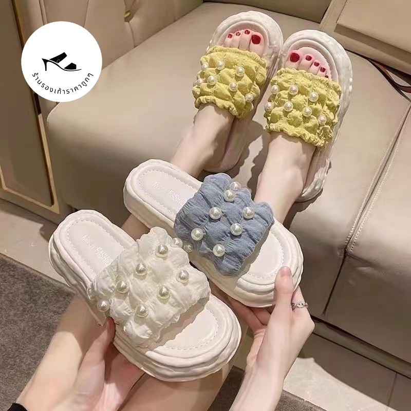 รองเท้าแตะผู้หญิง แบบสวม ส้นสูง 3.5cm. สายคาดผ้าป๊อปคอร์นแต่งมุก วัสดุ EVA พื้นนุ่ม มีกันลื่น #sy48
