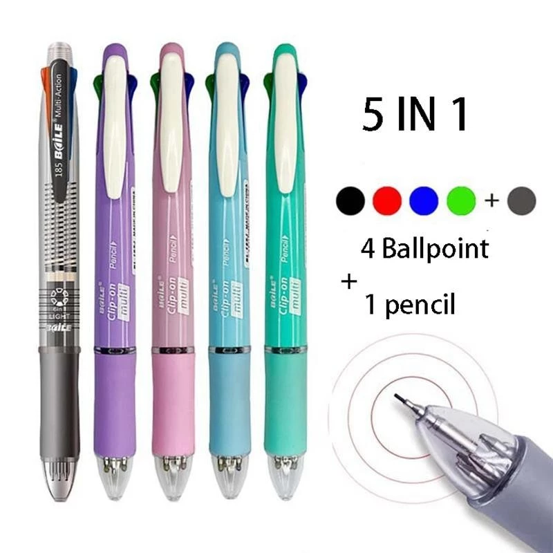 5 in 1 ปากกาลูกลื่น หลากสี พร้อมไส้ดินสอ 4 สี 1 เครื่องใช้สํานักงาน โรงเรียน