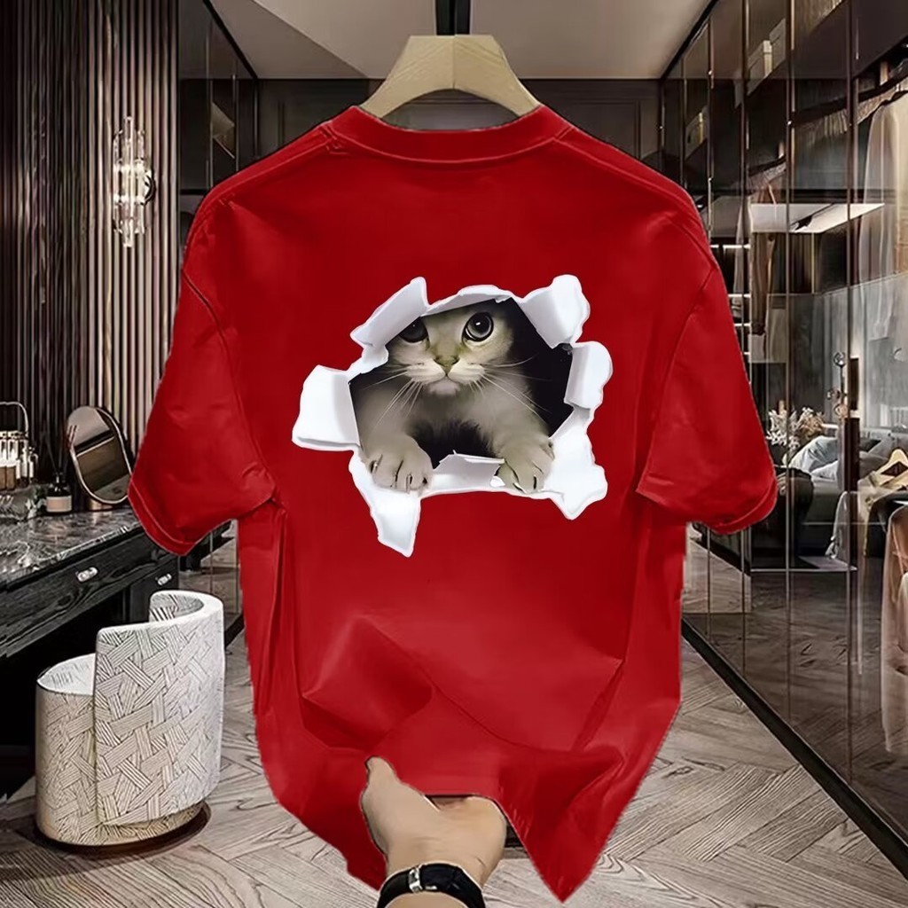M-8XL ผู้ชายแขนสั้นหลวม ๆ ลูกแมวน่ารัก พิมพ์ขนาดบวกสไตล์เกาหลีวินเทจ