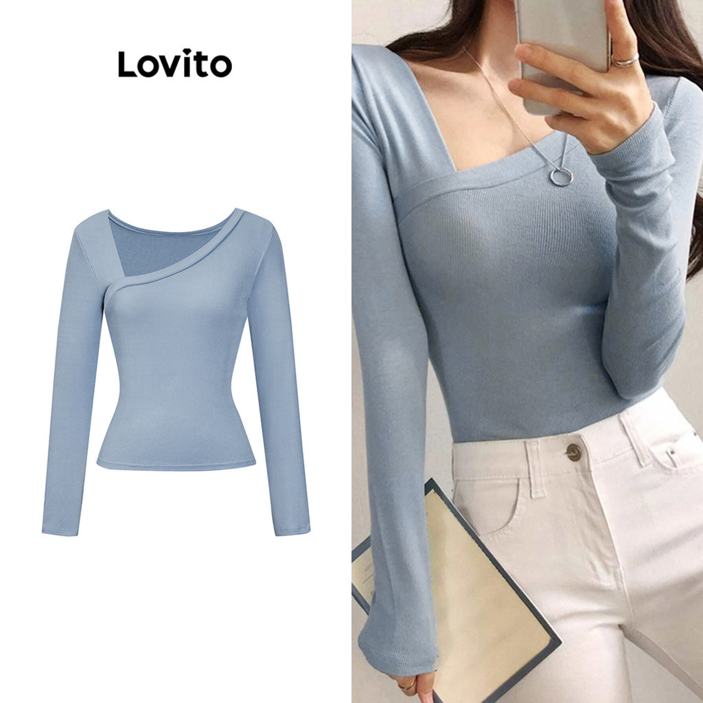 Lovito เสื้อยืดผู้หญิง สไตล์ลำลอง เบสิก L70AD023 (สีน้ำเงิน)