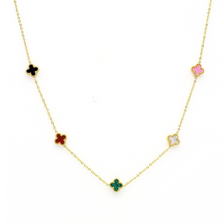 Clover mini ไทเทเนียมเหล ็ กสร ้ อยคอที ่ มีสีสันห ้ าดอกไม ้ Four Leaf Clover หรูหรา Classy สร ้ อยคอที ่ มีสีสันไม ่ จางหาย