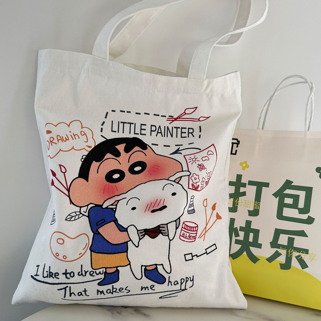 กระเป๋าช้อปปิ้ง ผ้าแคนวาส ลายการ์ตูนชินจังน่ารัก จุของได้เยอะ สไตล์เกาหลี สําหรับนักเรียนหญิง