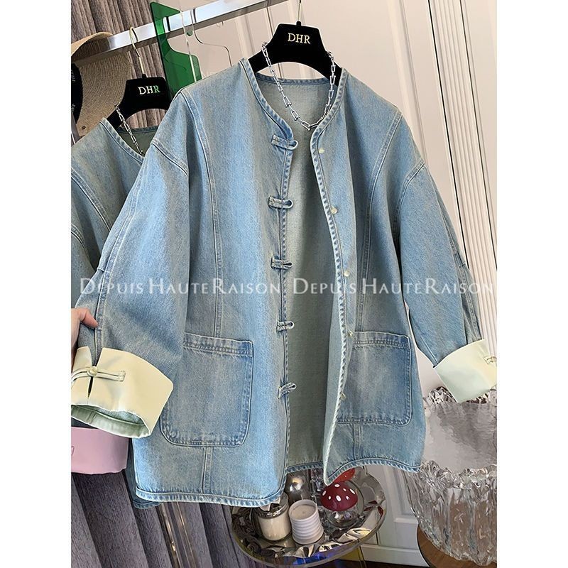 [lucky เสื้อผ้าผู้หญิง] ใหม่ เสื้อแจ็กเก็ตยีน สองชิ้น ขนาดใหญ่พิเศษ 150 กก. สไตล์จีนย้อนยุค แฟชั่นฤดูใบไม้ผลิ สําหรับผู้หญิง 2024