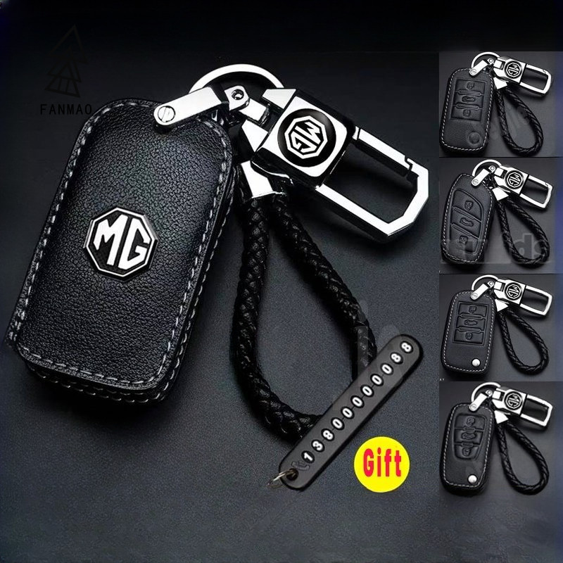 FANMAO หนังคุณภาพสูงสําหรับ MG ฝาครอบกุญแจ Remote Key holder fod โลโก้รถพวงกุญแจ Creative Alloy โลหะ
