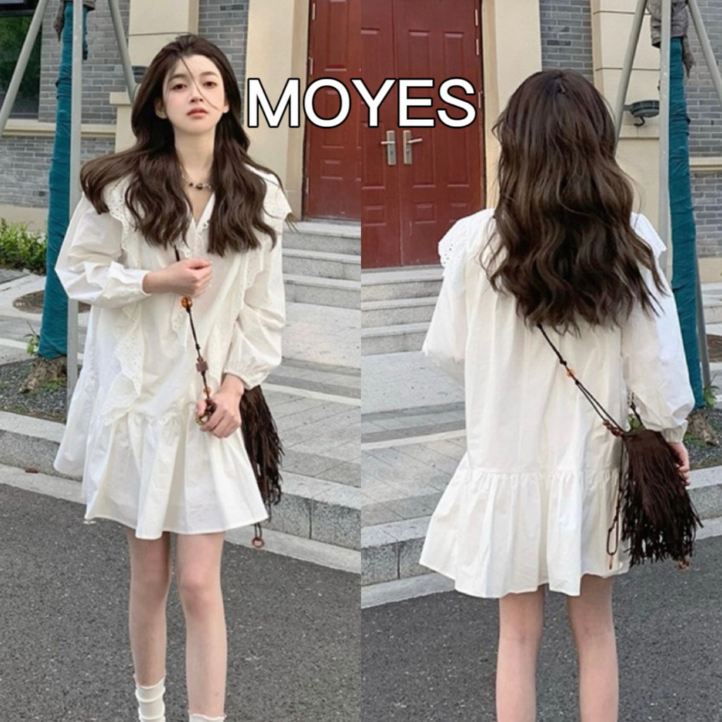 MOYES เดรสฝรั่งเศสสีขาว เสื้อหวาน กระโปรงไฮเอนด์ สินค้ามาใหม่