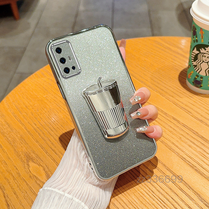 เคสโทรศัพท์มือถือ ซิลิโคนนิ่ม ชุบไฟฟ้า กันกระแทก พร้อมที่ตั้งวางแก้วน้ํา สําหรับ VIVO V17 VIVO V19 NEO VIVO V15