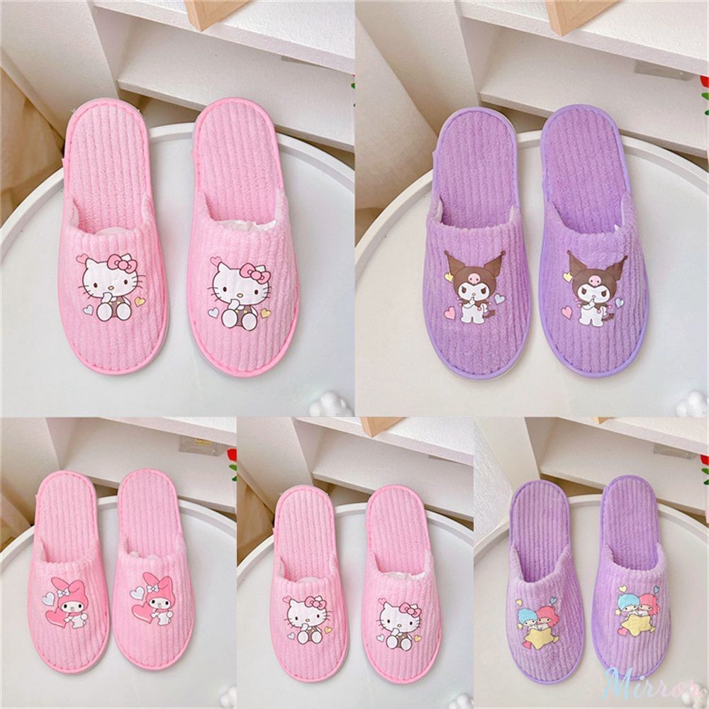 1 คู่รองเท้าแตะผ้ากำมะหยี่ Sanrio Kawaii Hello Kitty Kuromi Cinnamoroll My Melody Sippers ห้องนอนนักเรียนเบาะนุ่มห้องนอนตุ๊กตารองเท้าของขวัญสาว M
