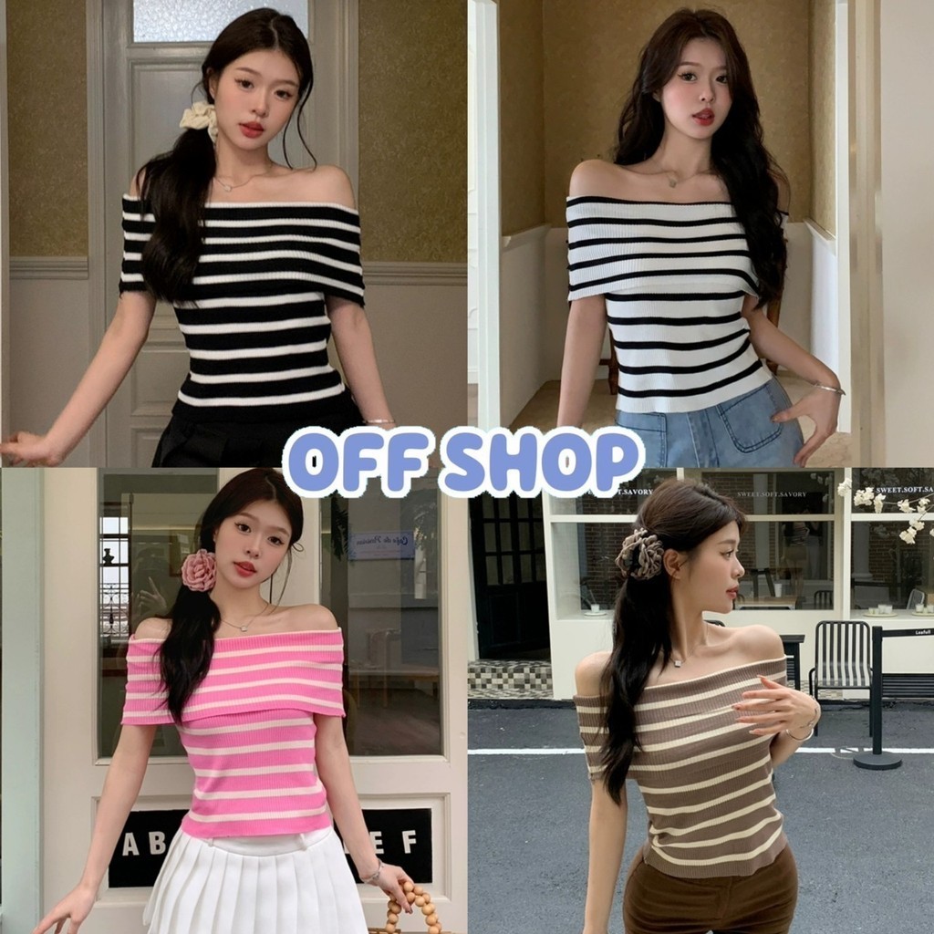 OFF SHOP พร้อมส่ง (OFF-95161) เสื้อเปิดไหล่ไหมพรม แขนสั้น ดีเทลลาบทาง4สี