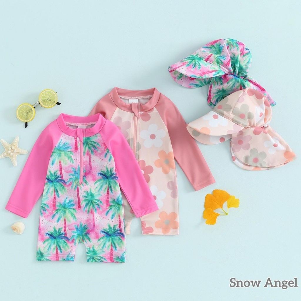 [ส่งบางส่วนจากประเทศไทย] ชุดว่ายน้ำเด็กผู้หญิงวัยหัดเดิน แขนยาว ลายดอกไม้และต้นไม้เขตร้อน แบบมีซิป พร้อมหมวก