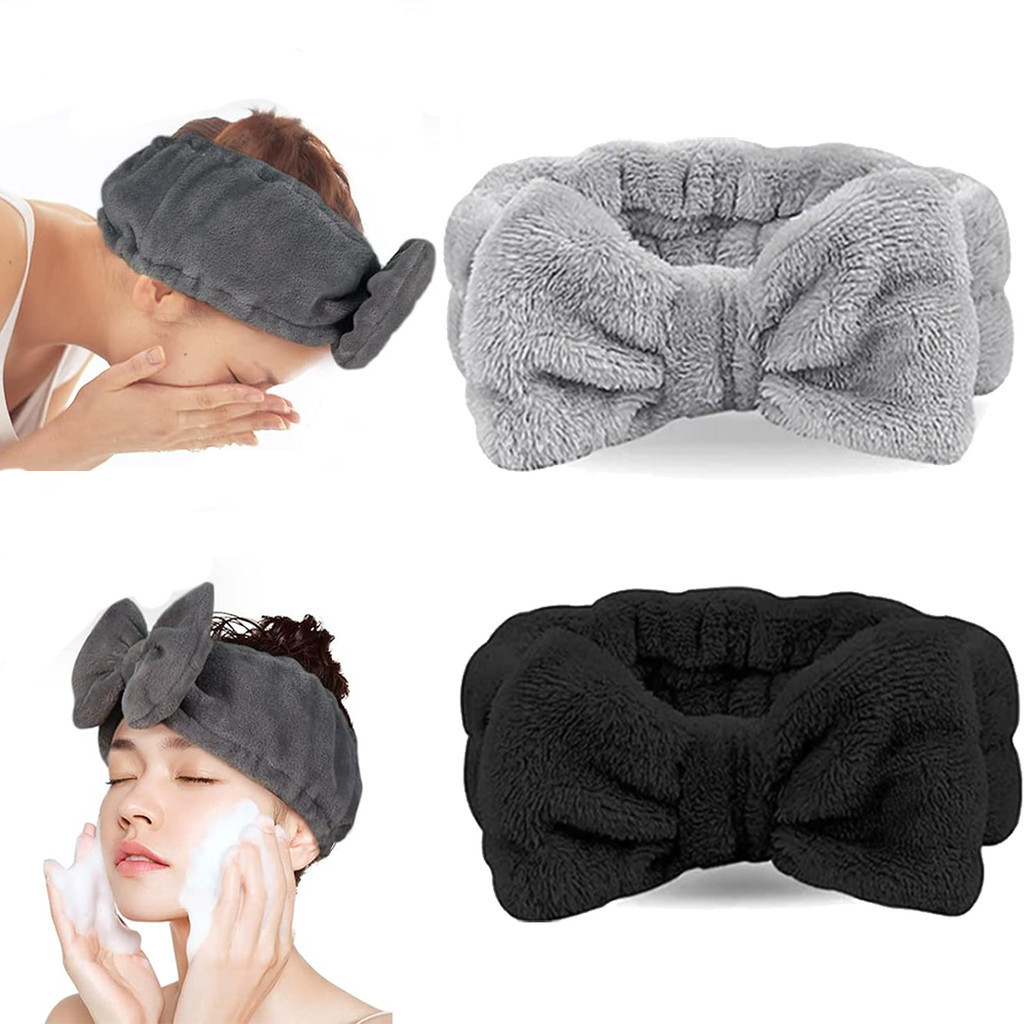 ที่คาดผม ประดับโบว์ แบบนิ่ม ยืดหยุ่น สีเทา สีดํา เครื่องประดับ สําหรับผู้หญิง อาบน้ํา สปา ล้างหน้า