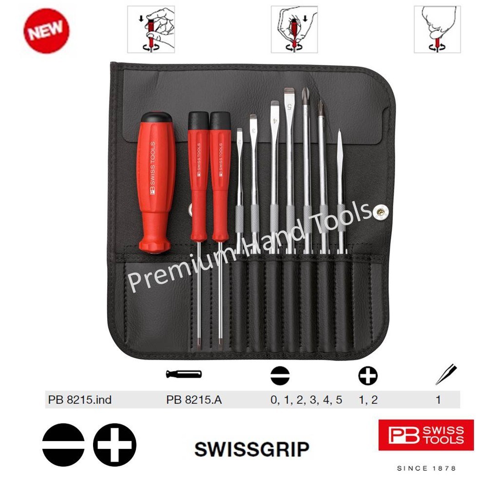 ไขควงแฉก PB Swiss Tools ชุดไขควง ด้าม SwissGrip New Model ซองหนัง รุ่น PB 8215L (10 ตัว/ชุด)