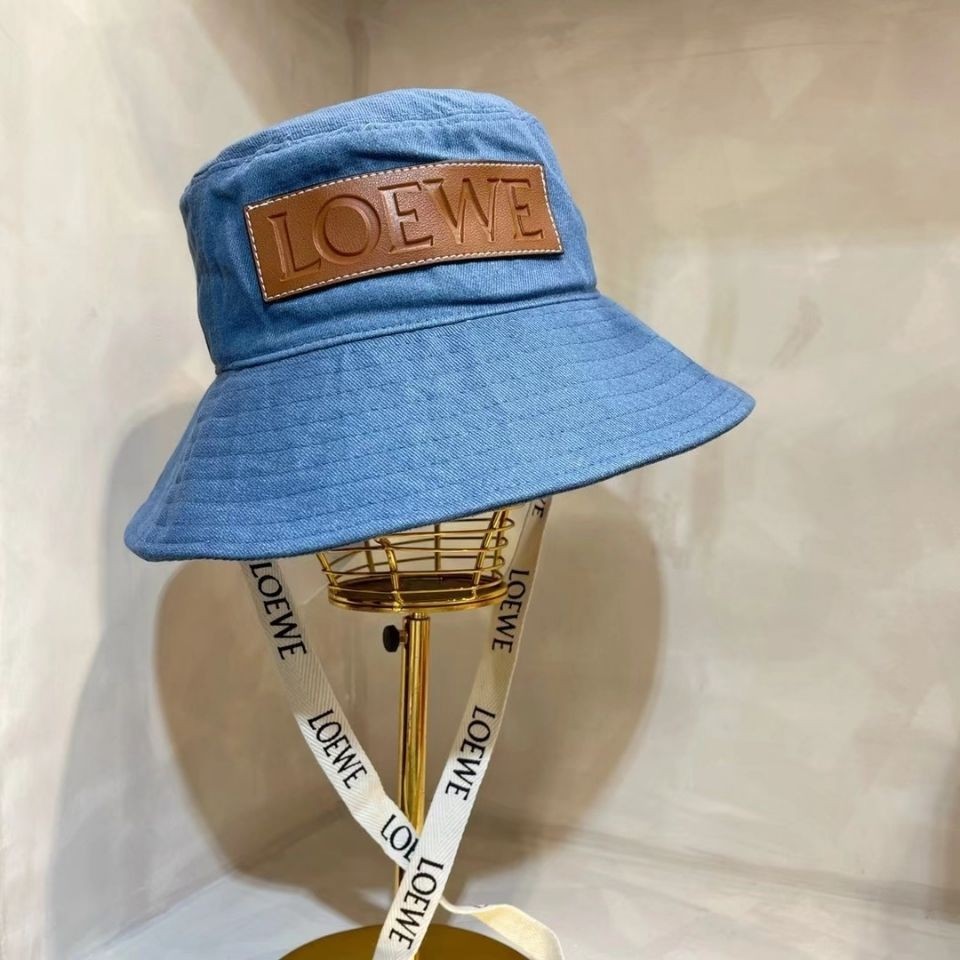 Loewe2024 หมวกบักเก็ตกันแดด ผ้าแคนวาส ประดับริบบิ้น สีฟ้า 1V