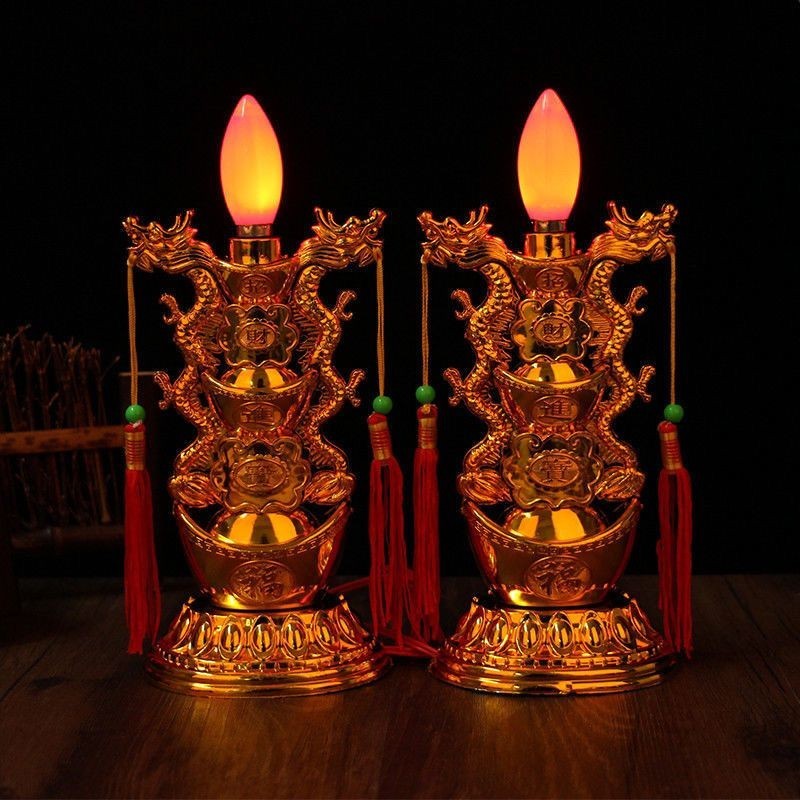 เทียนไฟฟ้าโคมไฟเชิงเทียนมงคลมังกรและนกฟีนิกซ์