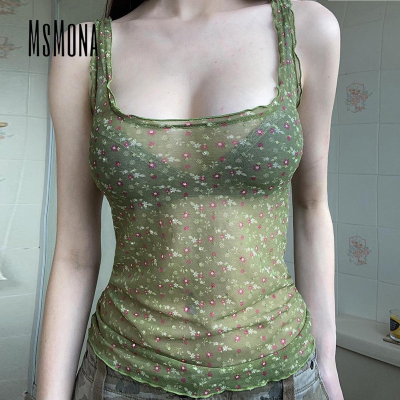 MsMona ผู้หญิงใหม่สแควร์คอสีเขียวตาข่ายดอกไม้ซ้อน Camisole