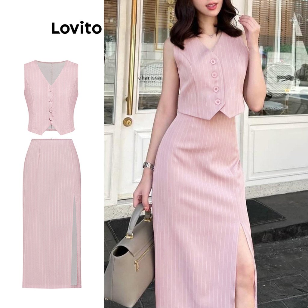 Lovito ปุ่มลายทางแบบสบาย ๆ ด้านบนหรือด้านล่างสำหรับผู้หญิง L99ED390