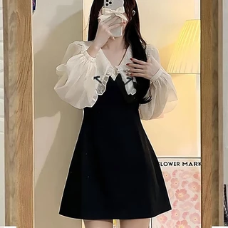 ✨S-6XL✨ ชุดเดรสแขนยาว คอปกตุ๊กตา กระโปรงสั้นน่ารัก ยืดหยุ่น ดีเทลโบวื เดรสสาวอวบ พลัสไซซ์ เดรสออกงาน