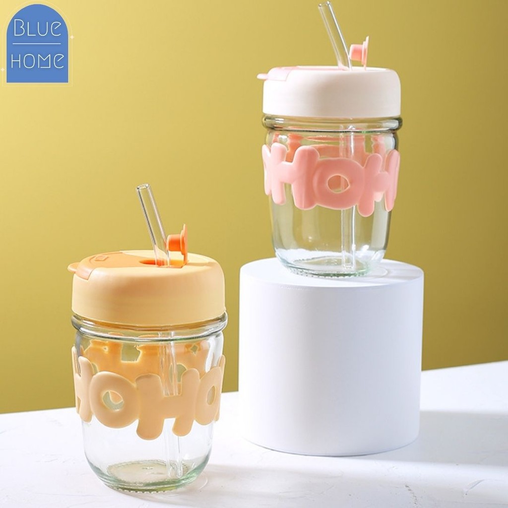 แก้วใส่น้ำ พร้อมหลอดแก้ว 350ML น่ารัก #W-0004