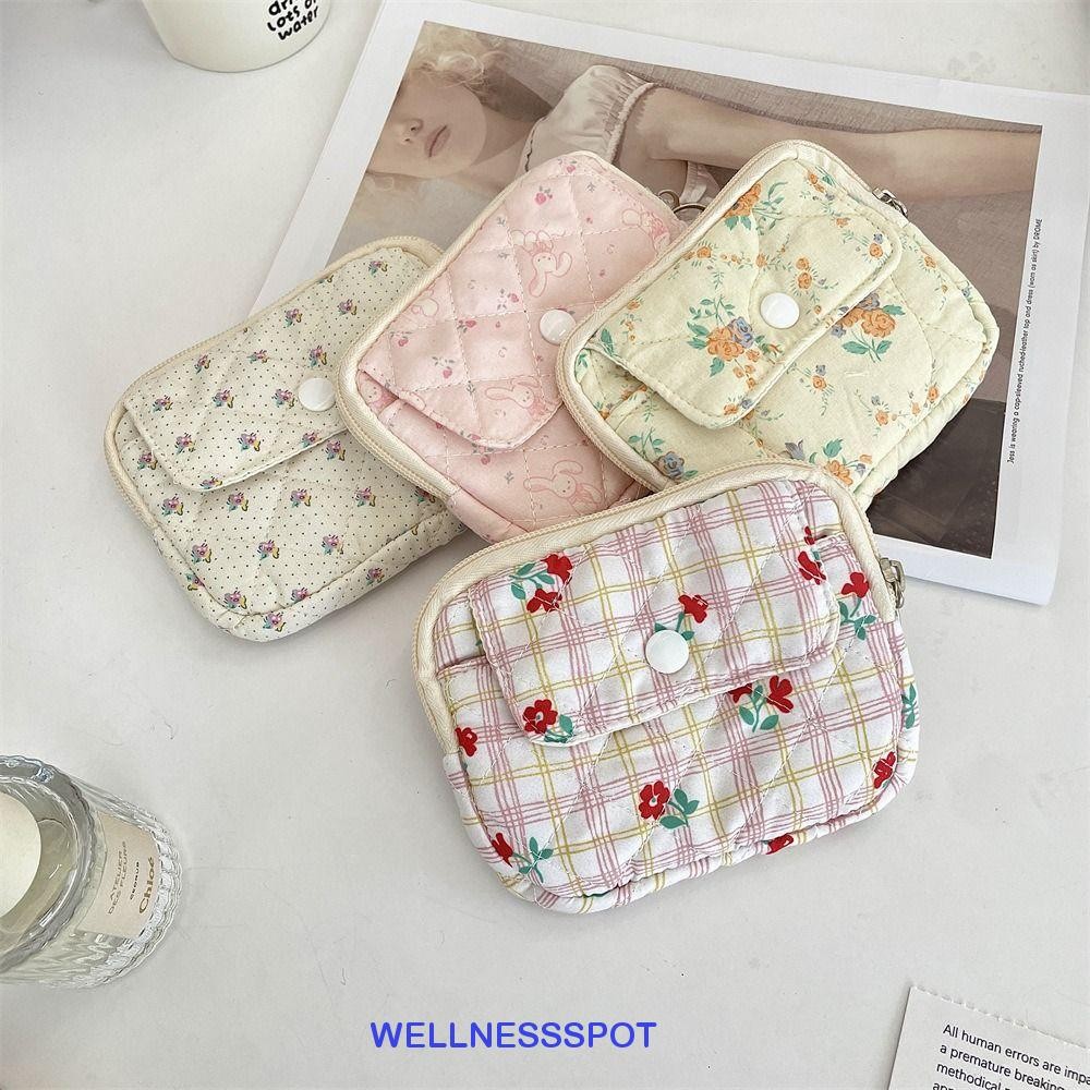 Wellnessspot กระเป๋าใส่เหรียญลายดอกไม้, Kawaii การ์ตูนพิมพ์แต่งหน้าขนาดเล็กกระเป๋าลิปสติก,แบบพกพาสไตล์เกาหลีเครื่องประดับบรรจุถุงผู้ถือบัตรผ้าใบมินิถุงเก็บหญิง/หญ