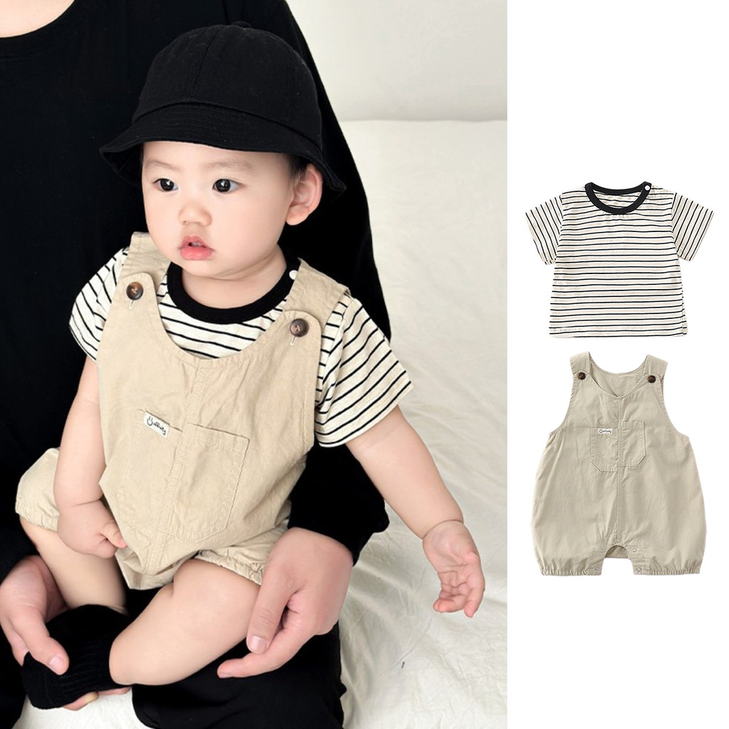 ฤดูร้อนใหม่ชุดบอดี้สูทเด็กชุดหลวมแขนสั้น 4-36 เดือนบางระบายอากาศแฟชั่นสีดําลาย ชุดรอมเปอร์ สไตล์เกาหลี