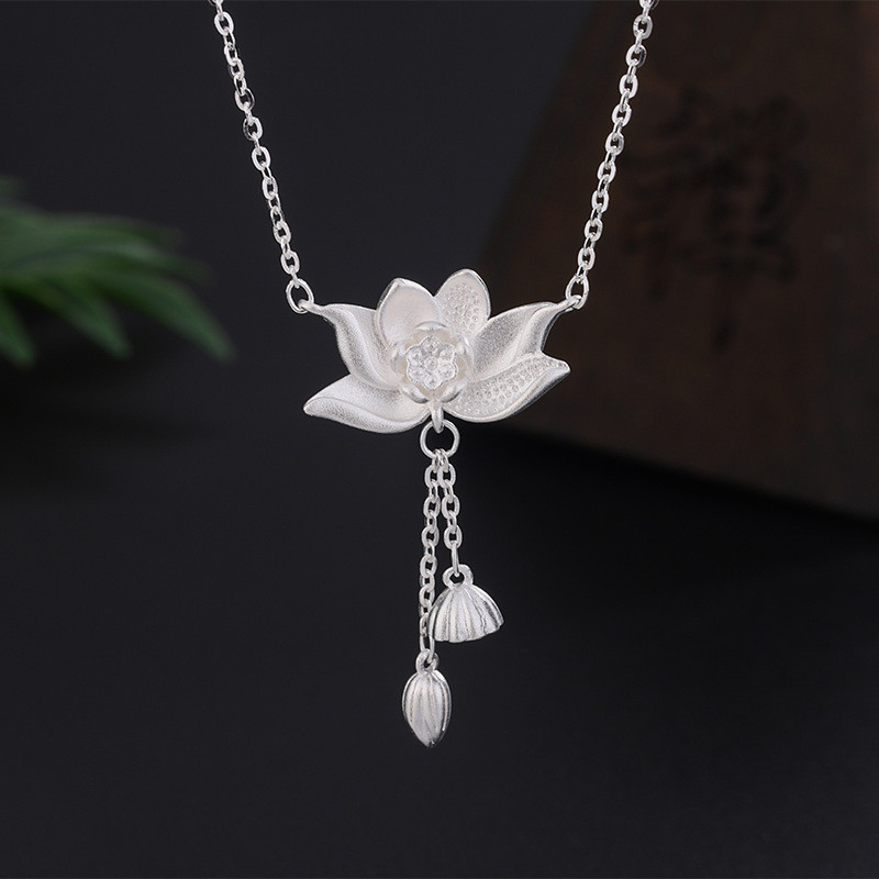 Best Gift  S999 Two Generations silver Lotus necklace, Retro Style Womens Lotus Pong Tassel Collar C