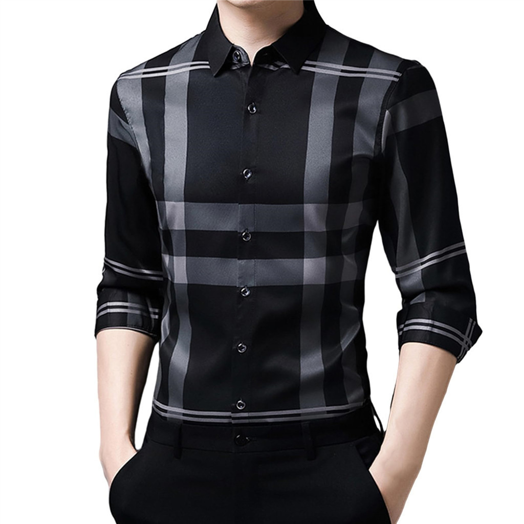 เสื้อเชิ้ตแขนยาวพิมพ์ลายลายสก๊อตธุรกิจผู้ชายฤดูใบไม้ผลิและฤดูใบไม้ร่วงสไตล์เสื้อเชิ้ตกระดุมปกขนาดใหญ่