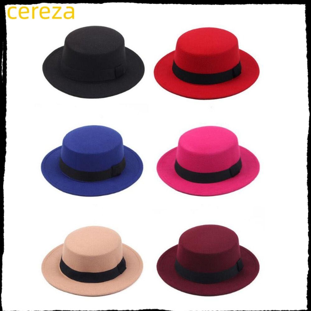 Cereza ผู้หญิง Fedora หมวก, Felt กว้าง Brim Elegant Bowler, แฟชั่นสีทึบ Breathable Flat Top Dress Caps