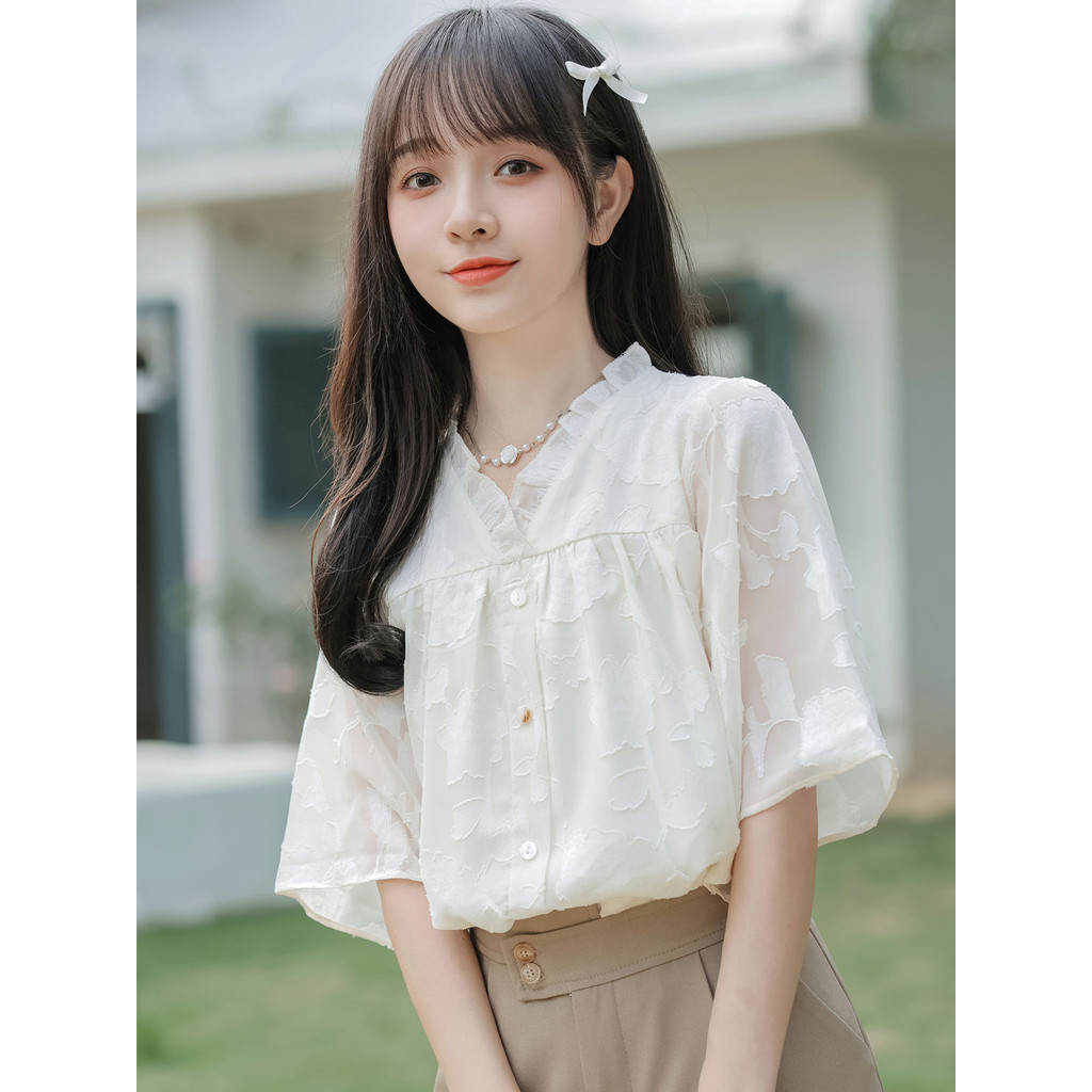 Fern Shop ฤดูร้อนแขนสั้นผู้หญิงเสื้อด้านบนระบายอากาศ