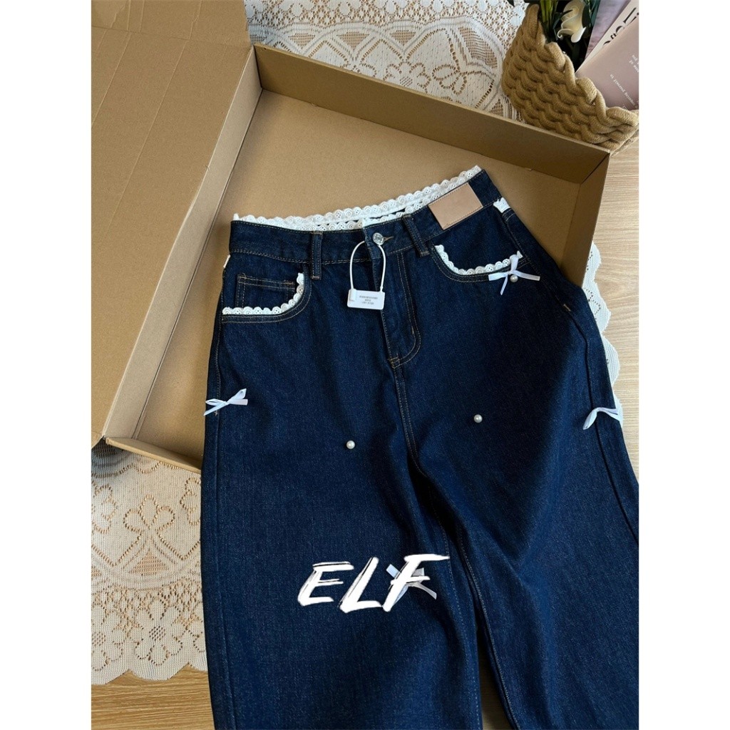 ELFwoo การออกแบบเข็มขัดลูกไม้หวานกางเกงยีนส์ขาตรงผู้หญิงทรงกว้างพอดีกลุ่มขนาดเล็กกางเกงกระชับสัดส่วน