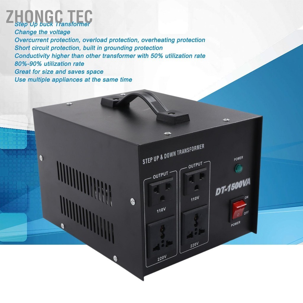 Zhongc Tec Step Up Buck Transformer 1500W Heavy Duty ตัวแปลงแรงดันไฟฟ้า 110V‑220V 220V‑110V