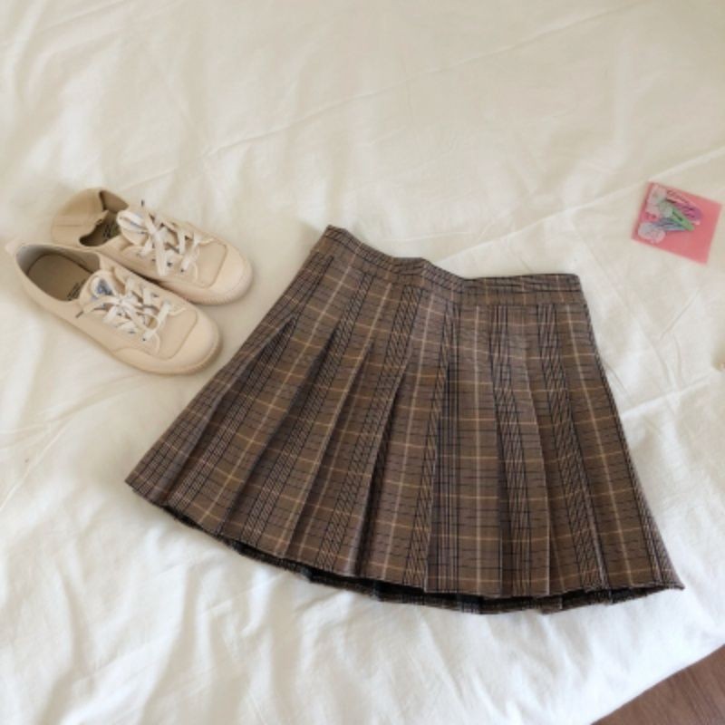ฤดูใบไม้ร่วงฤดูหนาวกระโปรงจีบลายสก๊อต Retro A-Line อังกฤษ Slimmer ดูสีกากี Preppy สไตล์เอวสูง 00ZN