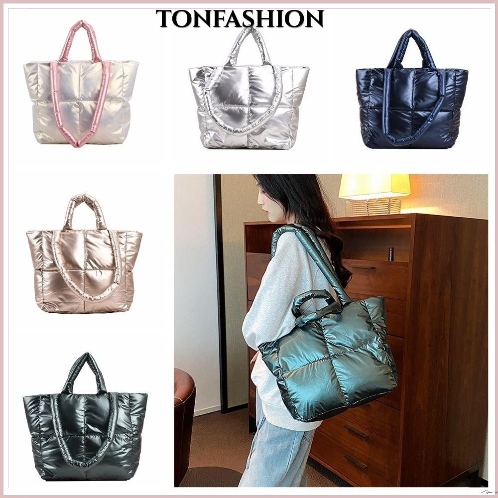 Tonfashion กระเป๋าสะพายไหล่ ผ้าฝ้าย ความจุขนาดใหญ่ แบบพกพา สีตัดกัน สําหรับผู้หญิง