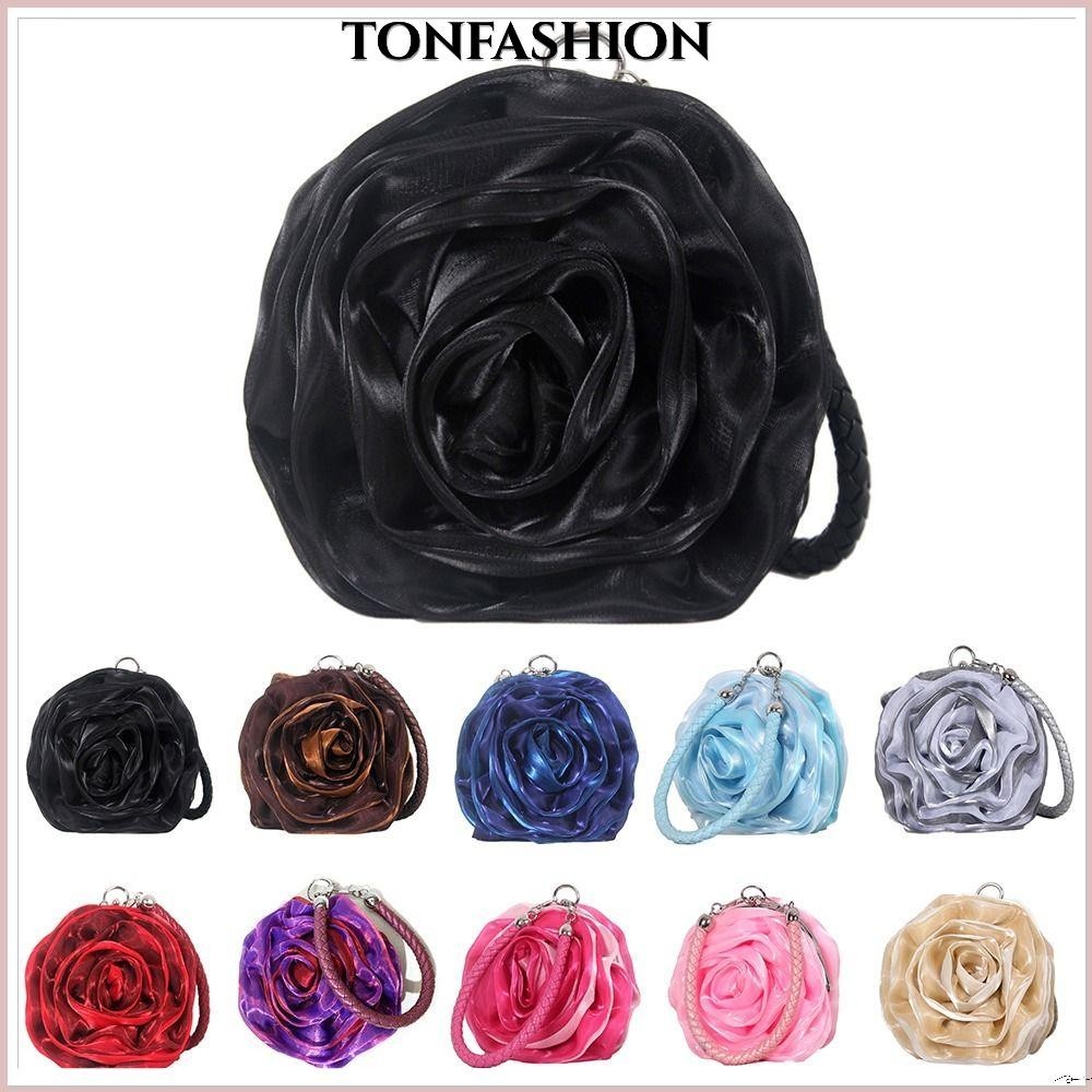 Tonfashion กระเป๋าคลัทช์ ผ้าไหมซาติน รูปดอกกุหลาบ ด้ามจับโลหะ แฟชั่นหรูหรา สําหรับผู้หญิง งานแต่งงาน ปาร์ตี้